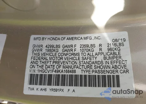 2019 Honda Accord Ex from USA, damaged, VIN 1HGCV1F49KA168488